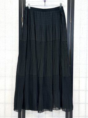 NASHALYLY Black 3XL Chiffon Tiered Pleated Flared Maxi Skirt Elastic Waist Boho
